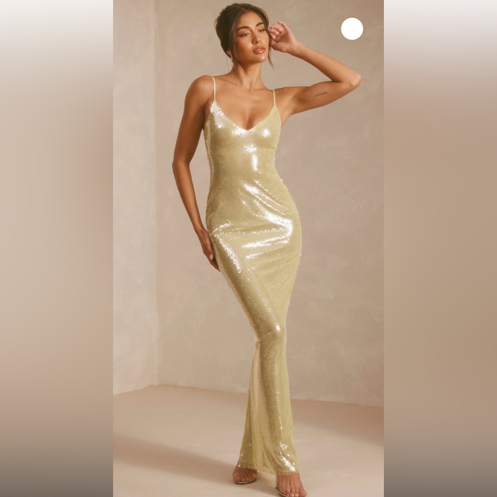 MARLENA
Sheer Sequin V-Neck Cut Out Back Evening Gown in Pistachio